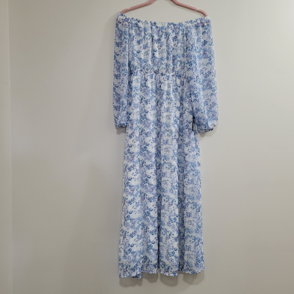 Lulu's Love That Blooms Blue Floral Print Off-the-Shoulder Maxi Dress S NWT